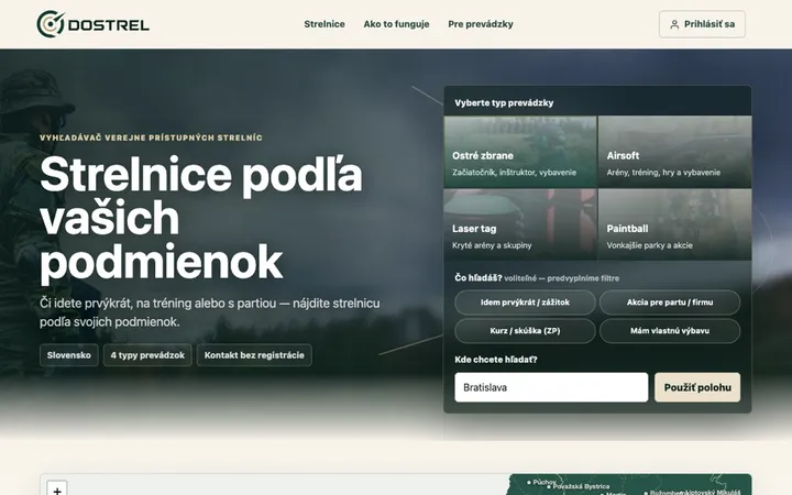 Náhľad webu DOSTREL, vyhľadávač strelníc